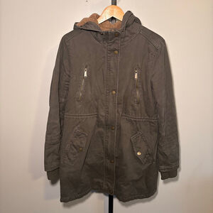 Women's BCBGeneration Gray Utility Jacket‎ with Brown Faux Fur Lining L